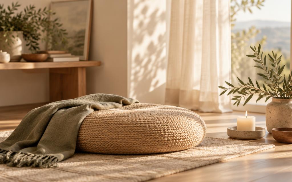 A woven cushion and folded linen blanket in a calm, sunlit room