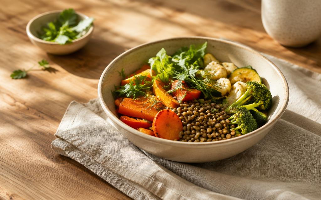 A bowl of roasted vegetables, lentils, and fresh herbs on linen in warm sunlight